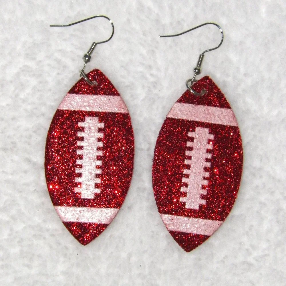 Red Glitter Football Silver Earrings